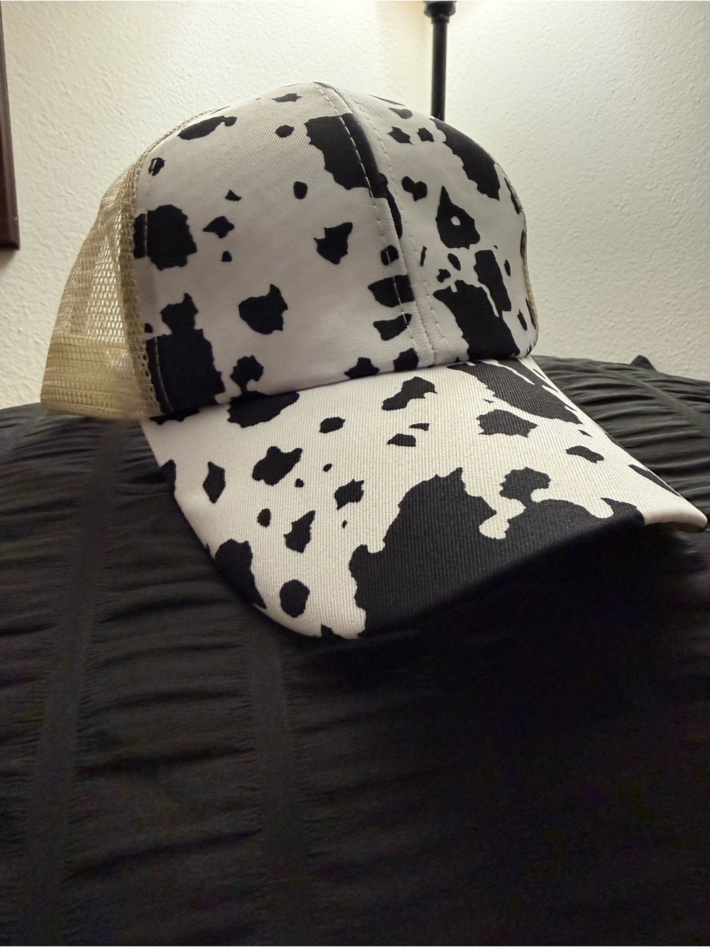 Ponytail Black and White Cow Print Trucker Hat
